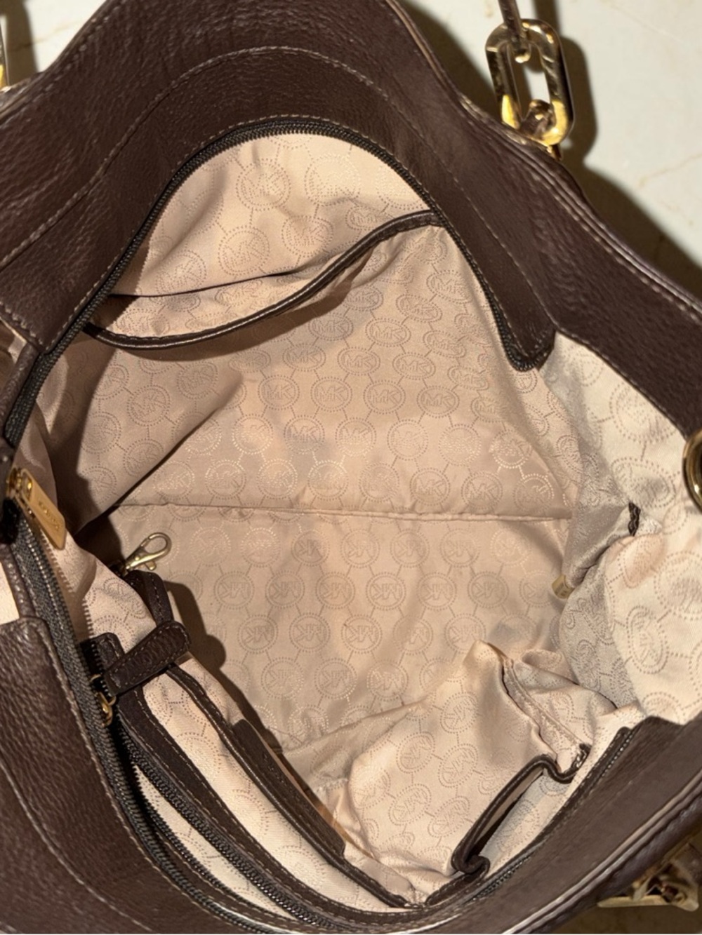 Michael Kors Women's Dark Brown Pebble Leather Brooke Tote Shoulder Bag - Picture 13 of 14